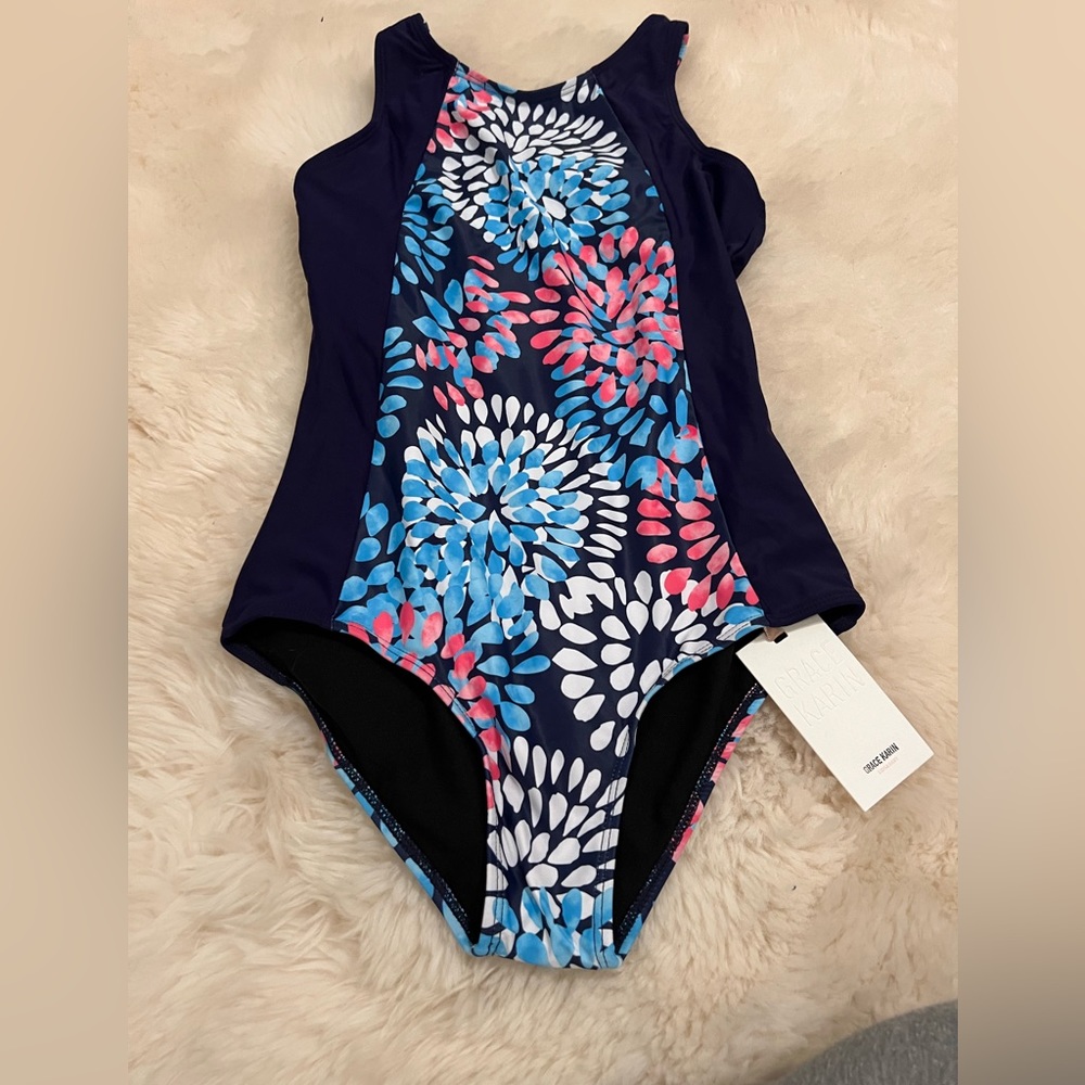 Grace Karin one piece athletic swimsuit 12Y NWT blue pink white